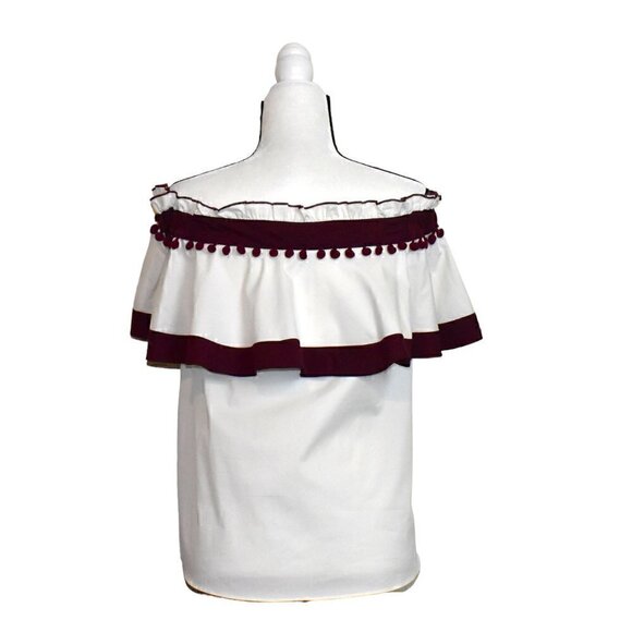 Sugar + Lips Amy Beaufort Linen Co. Off The Shoulder Top White Maroon Si… - Picture 3 of 12
